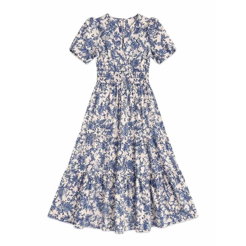 Anthropologie Somerset Dress L Blue White Floral Cottagecore Grandmillennial
